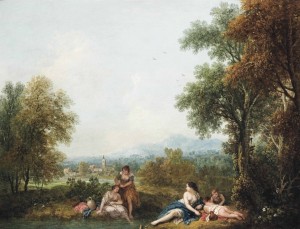 A pastoral river landscape with figures bathing
